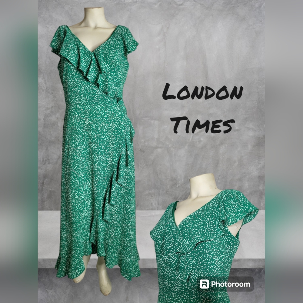 London Times size 10 green floral with cross ruffling dress